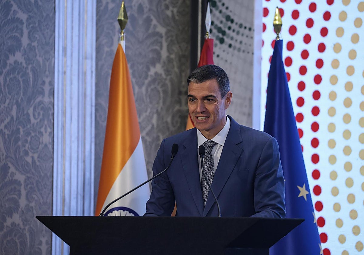 El presidente del Gobierno, Pedro Sánchez, durante su visita a la India