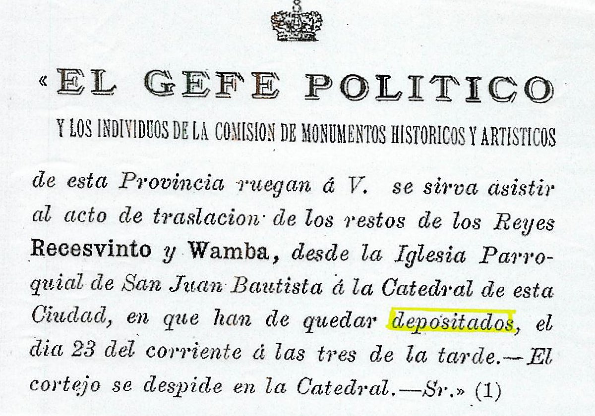 Documento que registra el traslado y depósito de los restos de los Reyes Recesvinto y Wamba