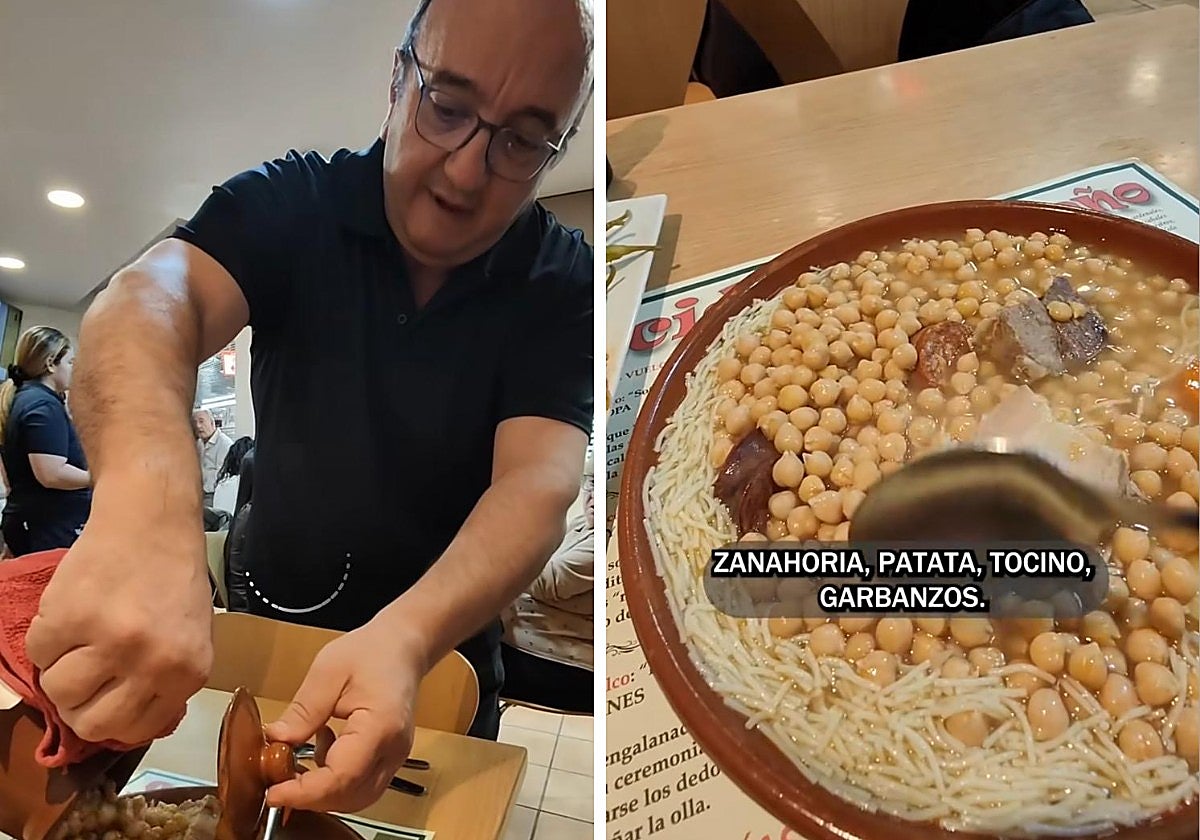 El dueño del restaurante junto a una foto del cocido