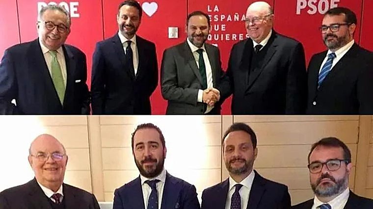 En la foto de arriba, José Luis Ábalos junto a Enrique Alvarado, Antonio Ecarri (padre), Williams Davila (hijo) y José Ignacio Guedez. En la segunda, los mismos protagonistas junto a Víctor de Aldama