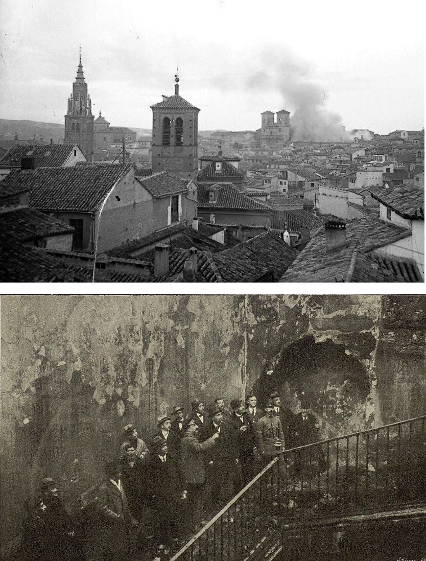 Ariba, Pedro Román recogió en la instantánea el incendio ocurrido el 10 de febrero de 1921 en el edificio que acogía las oficinas del Estado, en la calle de Alfonso X, junto al templo jesuita de San Ildefonso. Abajo, en una foto de Rodríguez, las autoridades y los técnicos visitan días después el estado del interior. Álvaro González Saz como arquitecto de Hacienda participó en las labores de extinción y en el proyecto de rehabilitación