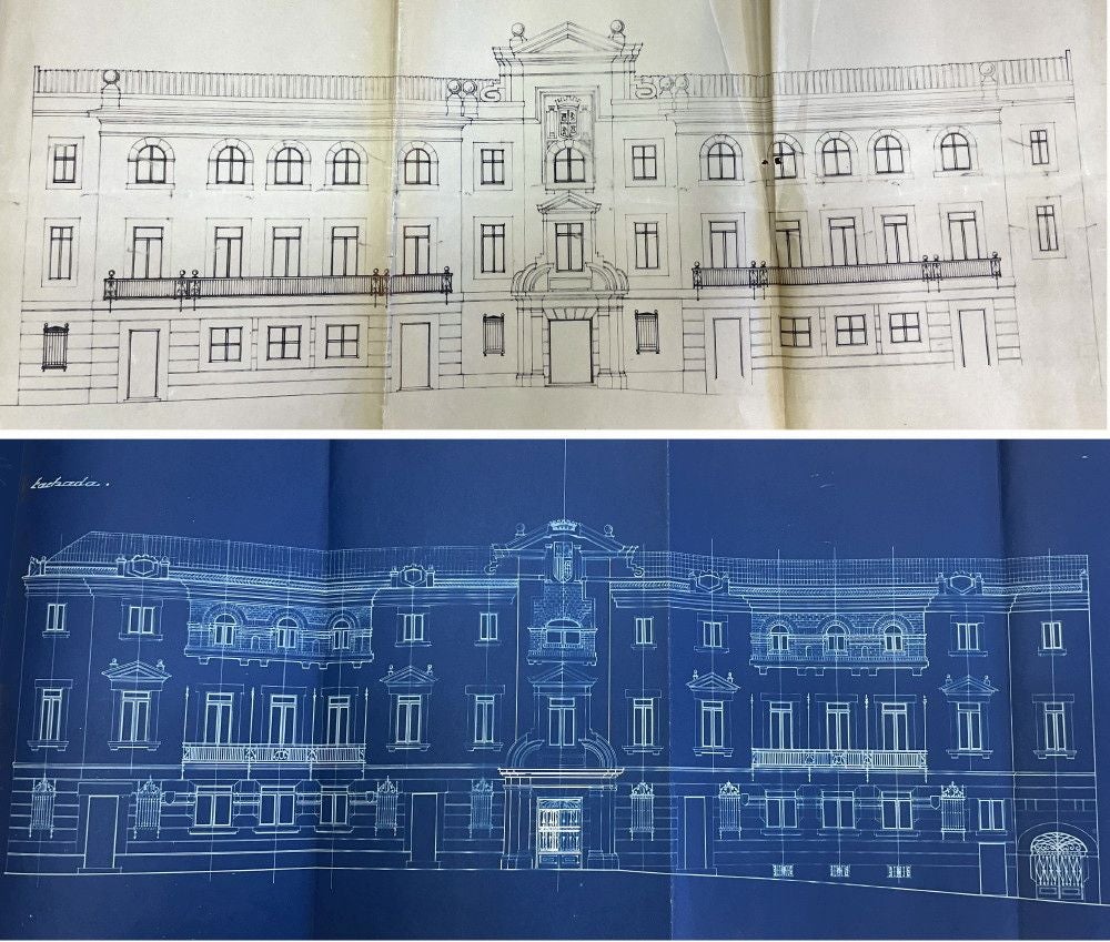 Audiencia Provincial de Toledo. Arriba el proyecto de Alfonso Jimeno Pérez (1931). Debajo la remodelación propuesta por el arquitecto Flaviano Rey de Viñas (1932) que él mismo retocó luego. En ambos subyacen matices decorativos de los siglos XVI-XVII en la entrada principal, incluso en la rejería de las balconadas y en las ventanas de la planta ba