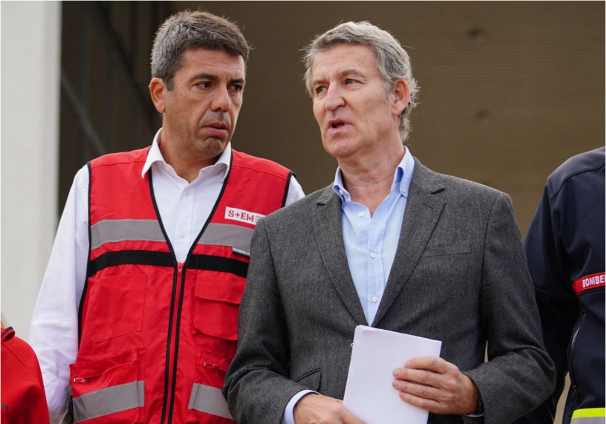 El líder del Partido Popular, Alberto Núñez Feijóo, y el presidente de la Generalitat, Carlos Mazón