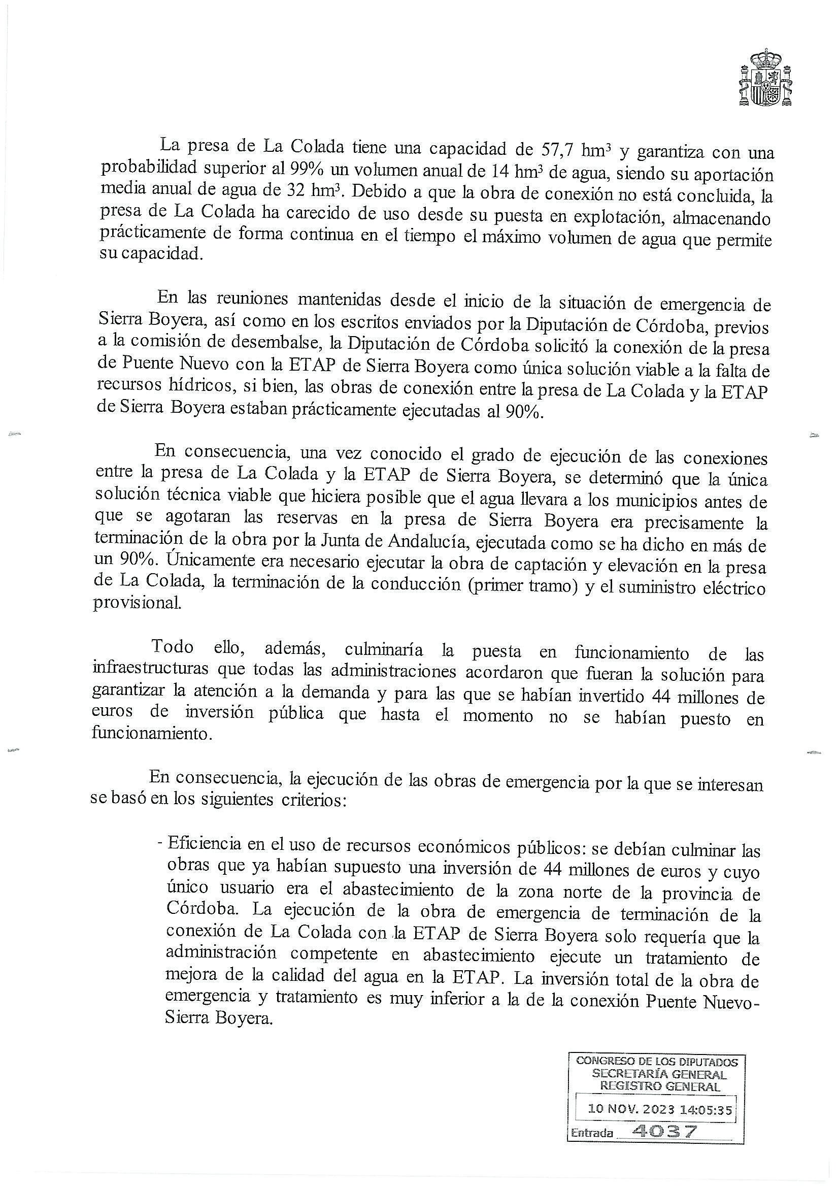 Extracto de una de las respuestas del Gobierno sobre La Colada