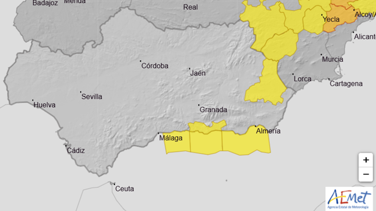 Alerta amarilla de la Aemet en Almería, Granada y Málaga por la borrasca Caetano