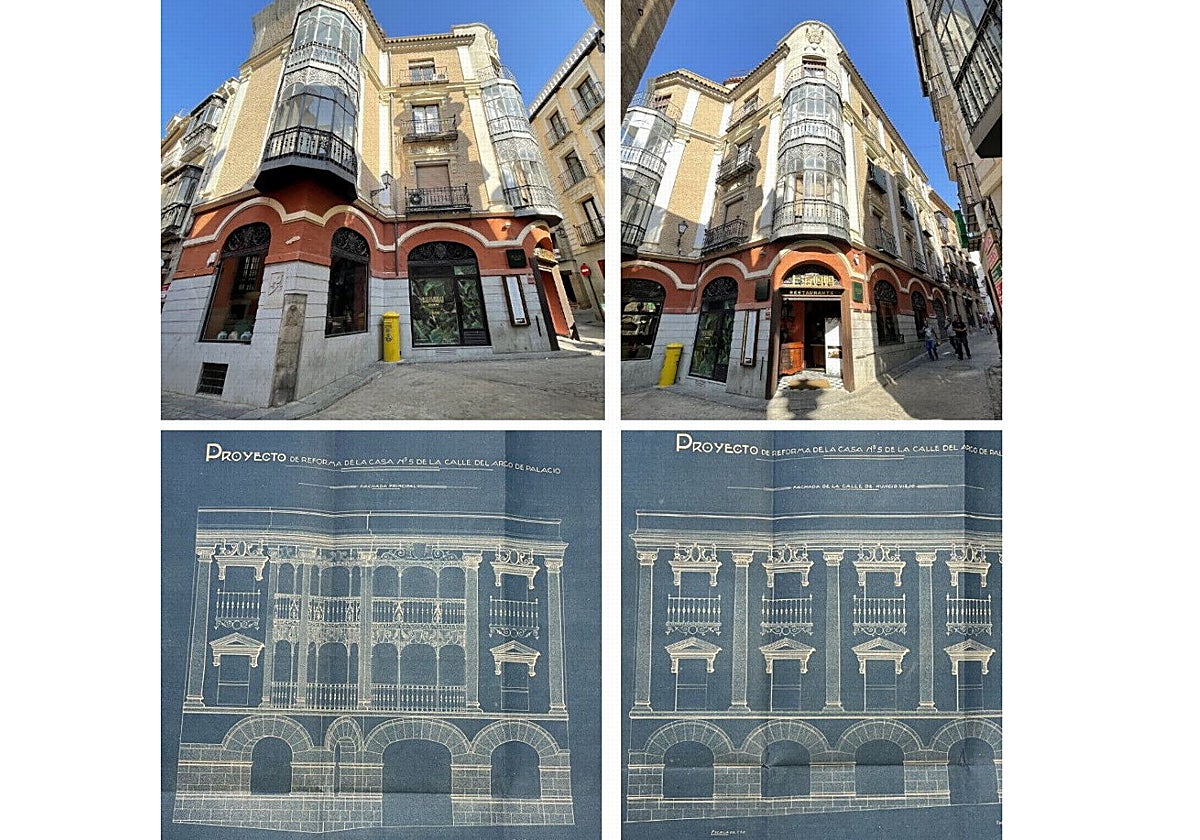 En 1923, Dolores Navarro solicitó permiso al Ayuntamiento para modificar su propiedad situada entre las calles de Nuncio Viejo y Arco de Palacio. Abajo el proyecto original (Archivo Municipal de Toledo) con un local comercial y dos plantas de viviendas que propuso Álvaro González Saz (Fotos RAFAEL DEL CERRO)