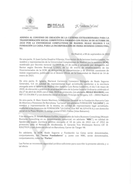 Imagen - Extracto del documento relativo a la adenda del convenio de creación de la cátedra de Begoña Gómez con fecha de 2022