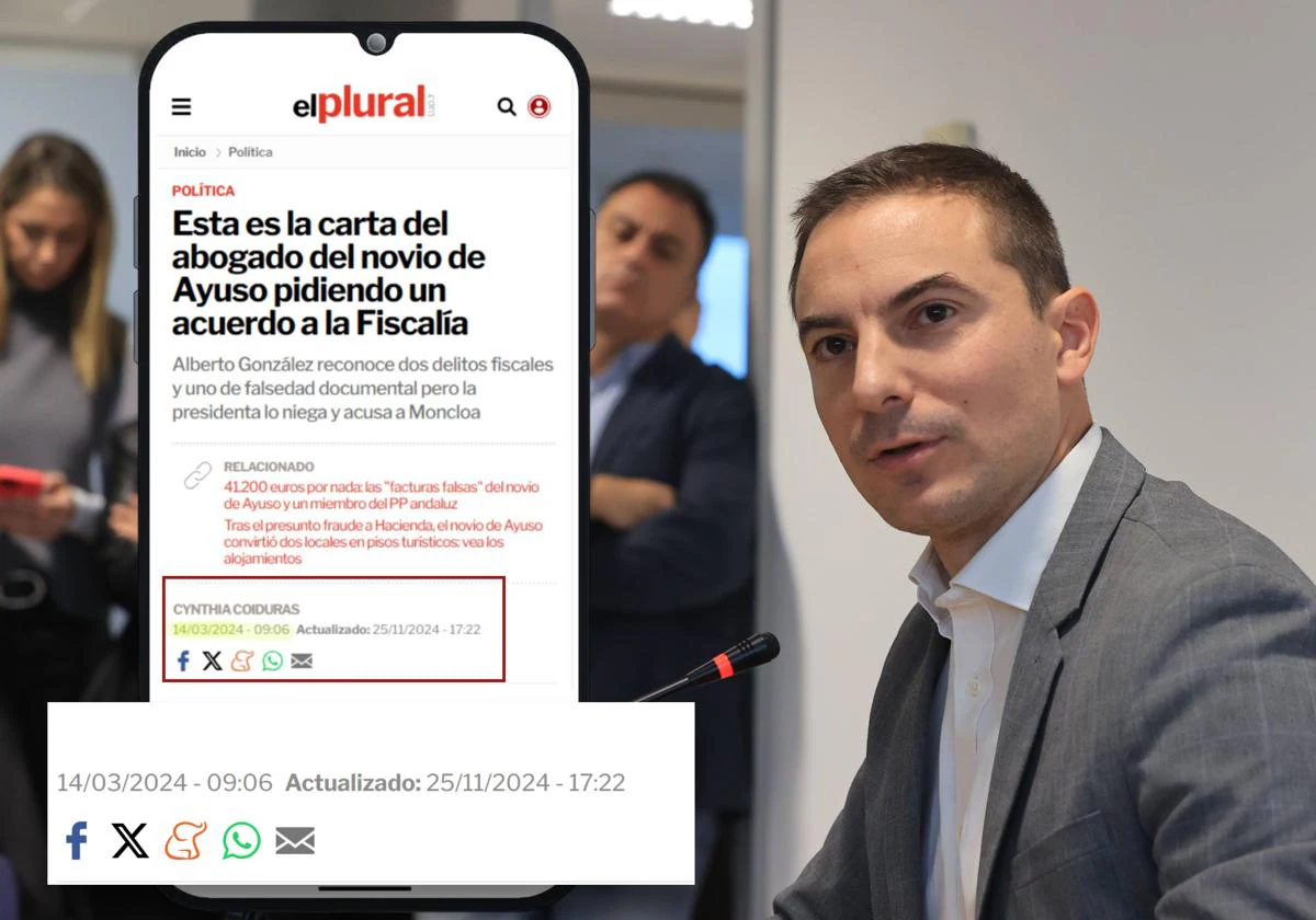 Juan Lobato, con la captura de la hora en la que se publicó la carta del abogado de la pareja de Ayuso en 'El Plural'