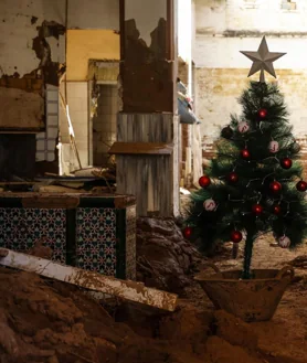 Secondary image 2 - In the photo above, Carlos Pavia, in his house in Picaña. Below, a firefighter and an affected woman carry out cleaning work in Paiporta. In the last image an improvised Christmas tree in a destroyed house in Paiporta