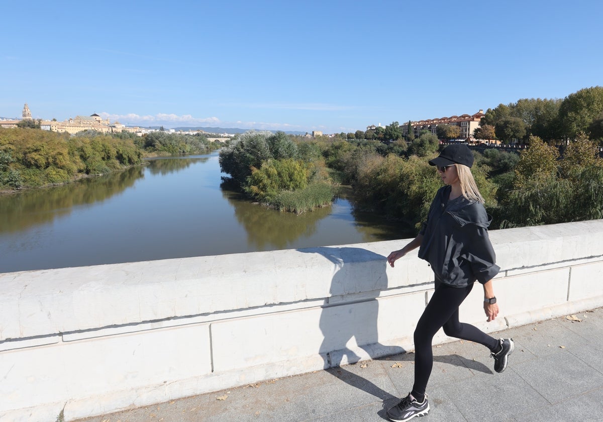 Una joven pasea en el Puente de San Rafael junto al cauce del río Guadalquivir en Córdoba