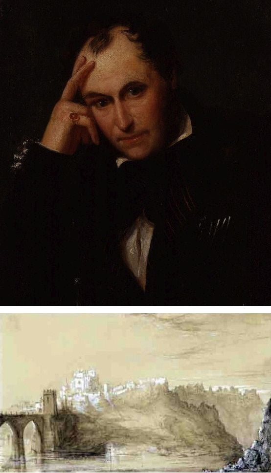 Richard Ford (1796-1858) retratado por Antonio Chatelain (National Portrait Gallery) Wikipedia. Abajo, 'Vista del puente de San Martín y San Juan de los Reyes', aguada realizada por Ford en su excursión a Toledo en 1831. www.realacademiabellasartessanfernando.com