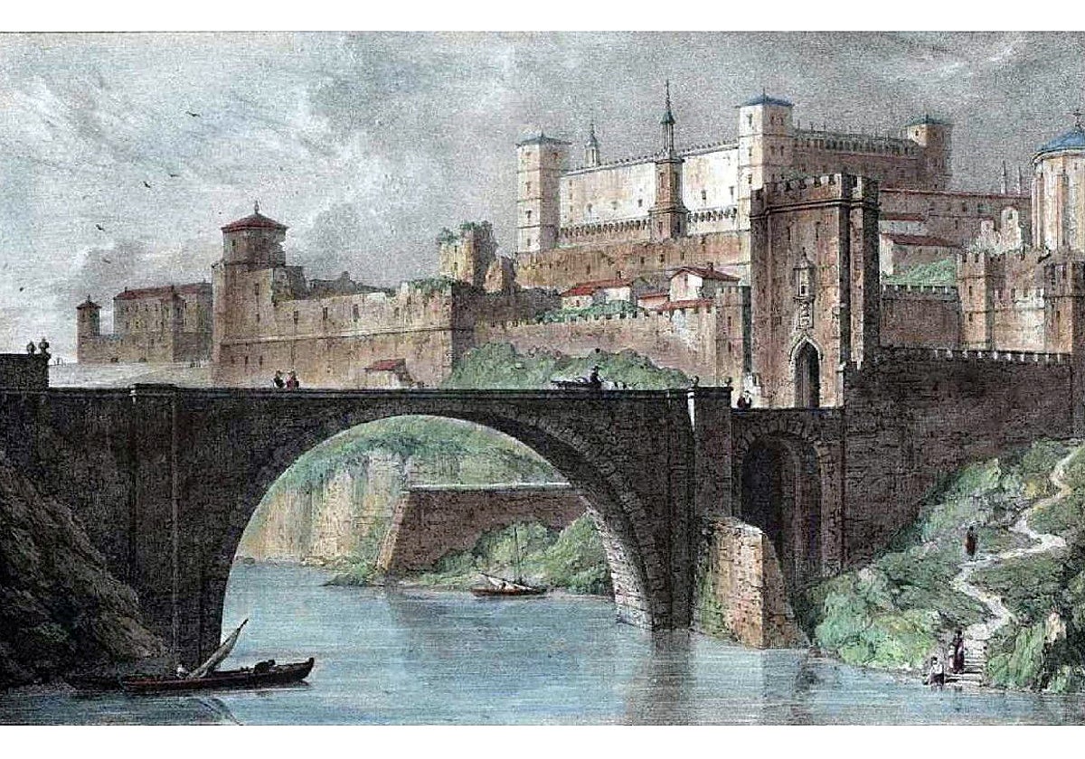 Con una estética aún muy académica, el inglés Edward Hawke Locker dibujó esta vista del puente de Alcántara, el convento del Carmen Calzado y el Alcázar hacia 1813. Se publicó en 'Views in Spain' (1824). Colección de grabados del Archivo Municipal de Toledo