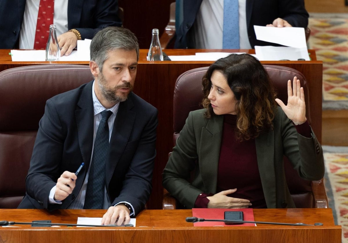 Isabel Díaz Ayuso, junto al consejero Miguel Ángel García, en el Pleno de la Asamblea