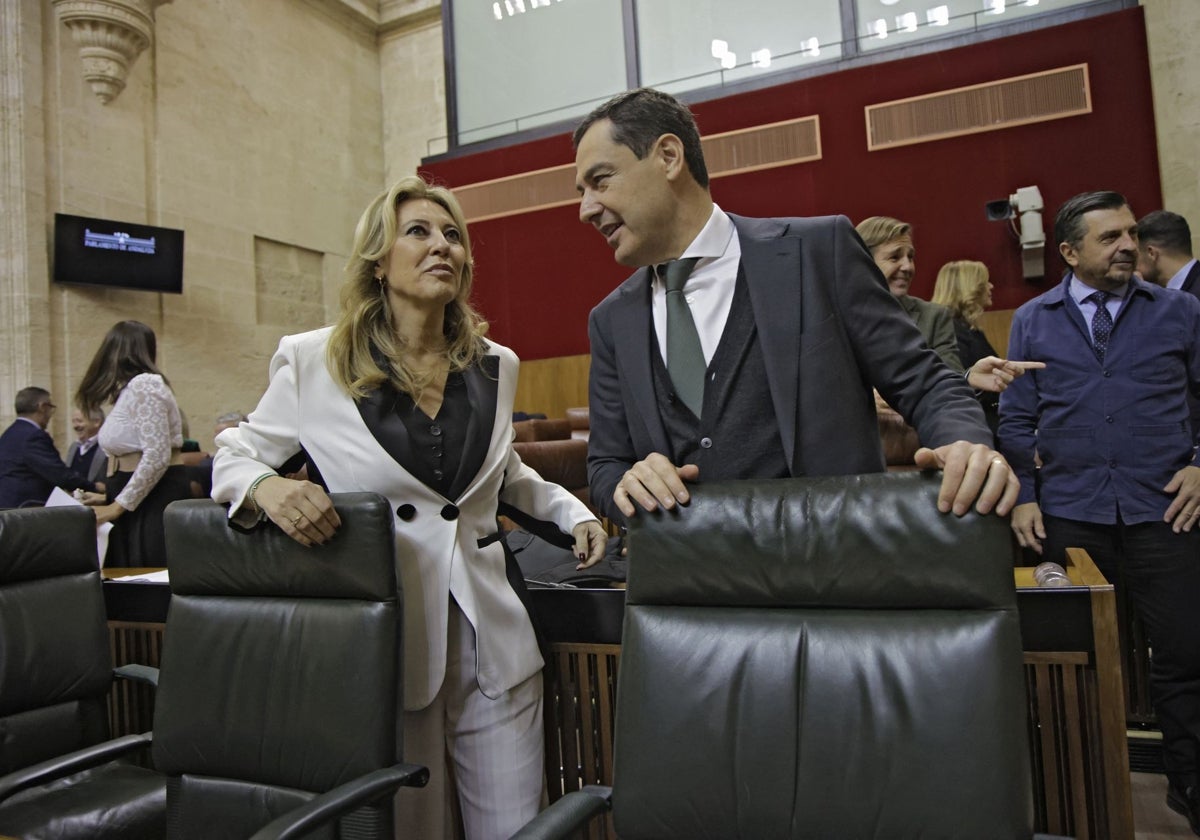 Juanma Moreno y la consejera de Economía, Carolina España, en el Parlamento de Andalucía