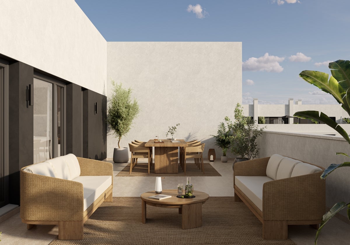 Terraza de una de las viviendas de la promoción de AEDAS Homes en Quart de Poblet (Valencia)