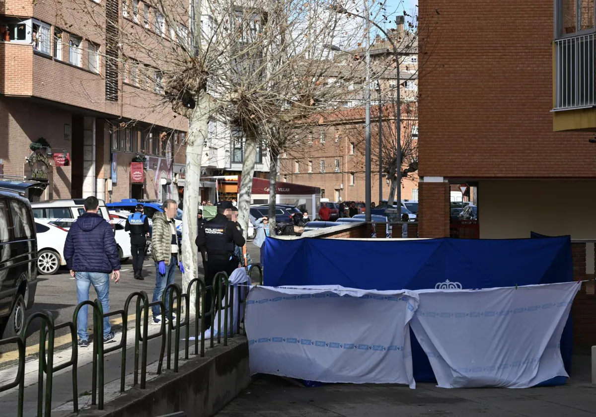 Una lona oculta el cuerpo de la víctima asesinada por su hijo en la capital palentina