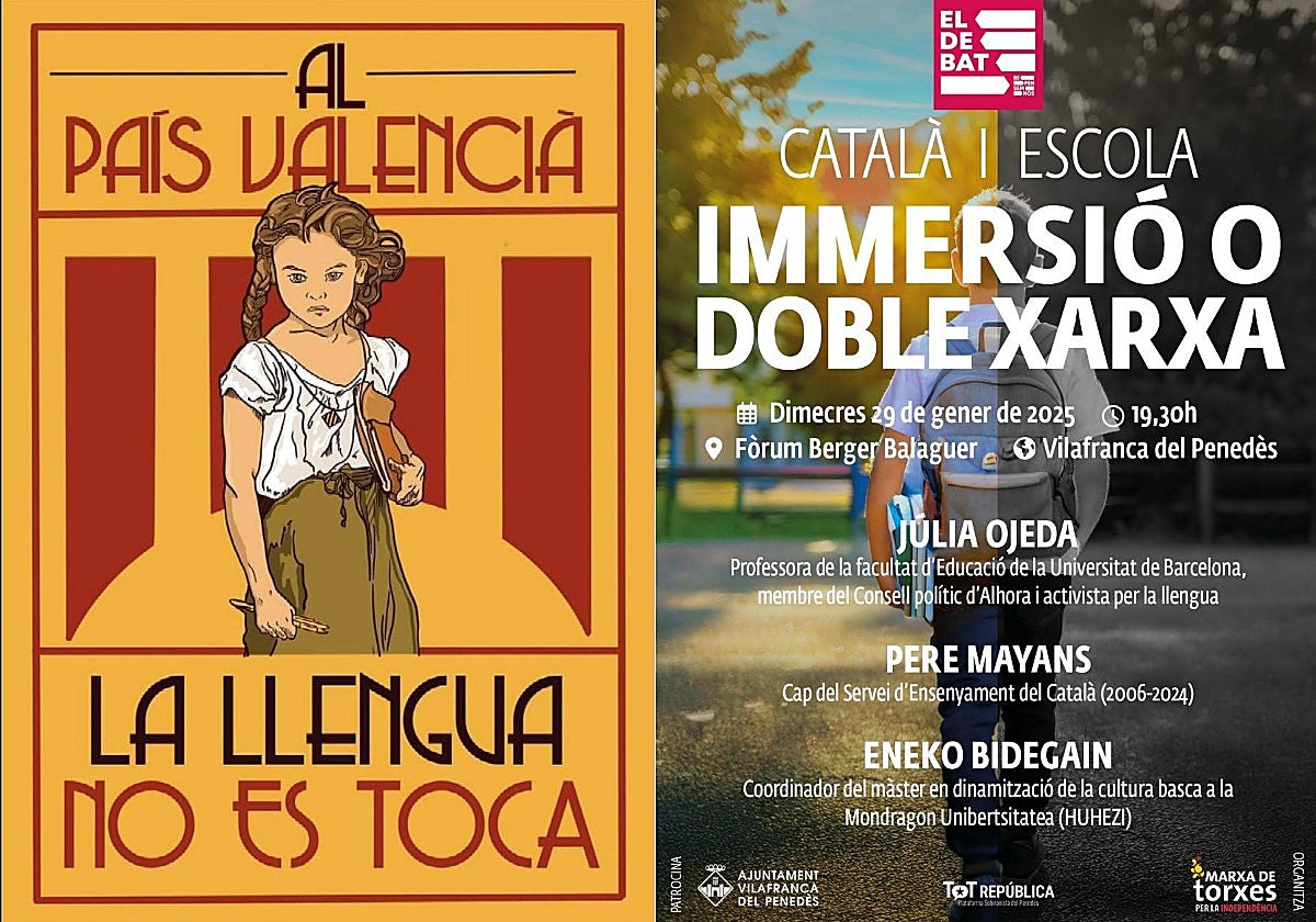 Carteles difundidos en X por Famílies pel català sobre la ley educativa de Mazón y una charla en Barcelona sobre la inmersión lingüística