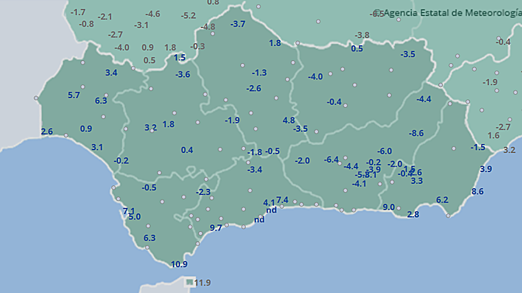 Mapa resumen de las temperaturas mínimas de Andalucía
