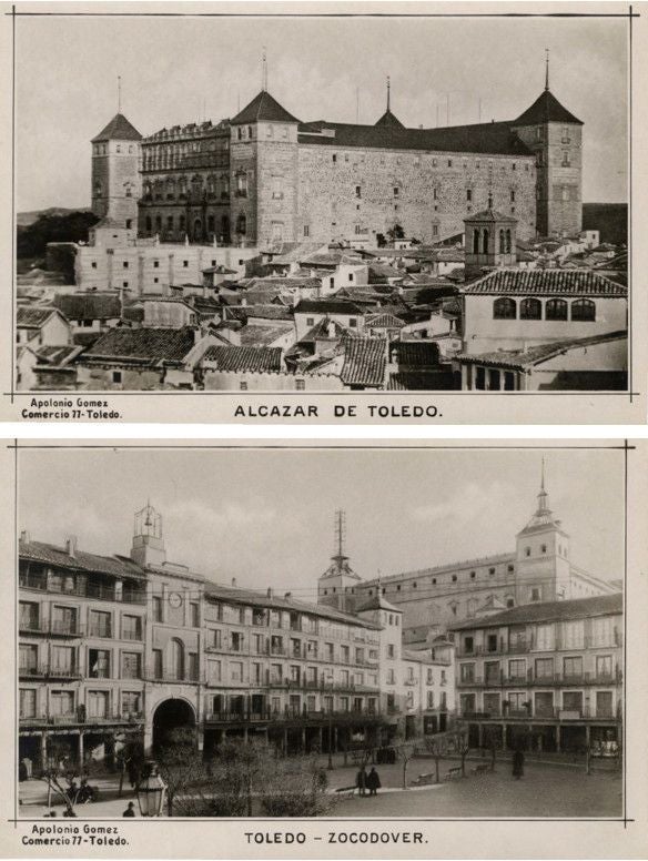 'Fotographicum'. Toledo. Dos fotografías de Alguacil, cuyo nombre no se menciona, muestran el Alcázar en distintos momentos que tampoco se reseñan. Arriba, vista antes del incendio acaecido en 1887. Debajo, hacia 1893, mientras se reconstruían los nuevos torreones de la fachada norte. Archivo Municipal de Toledo