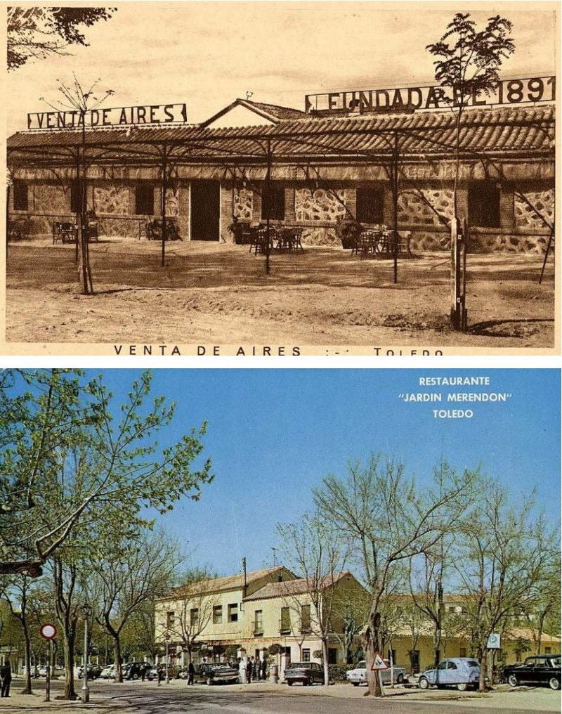 La hostelería también empleó postales para difundir sus locales. Arriba tarjeta de la 'Venta de Aires', junto a las ruinas del hipódromo romano de la Vega Baja. Fue editada por F. Mesas, hacia 1930. Debajo, el 'Restaurante Jardín Merendón' situado en el inicio de la avenida de Barber, hoy plaza de Colón. Ediciones Arribas, Zaragoza, 1967. Archivo Municipal de Toledo. Colección de postales