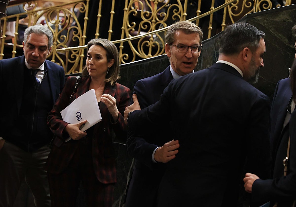 El presidente de Vox, Santiago Abascal, se despide del líder del PP, Alberto Núñez Feijóo, a la salida de un pleno del Congreso en febrero del 2024