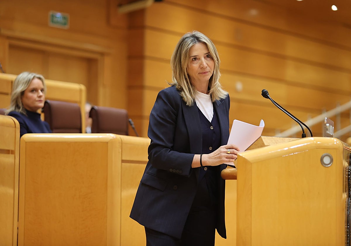 La portavoz del Grupo Parlamentario Popular en el Senado, Alicia García, durante el debate de la moción presentada por su partido para urgir al Gobierno a revalorizar las pensiones, bonificar el transporte y ayudar a los afectados por la dana en Valencia