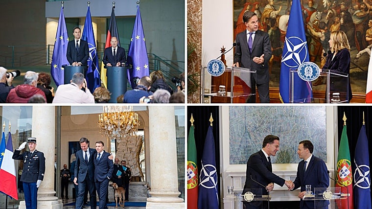El secretario general de la OTAN, Mark Rutte, en sus comparecencias con Olaf Sholz, Giorgia Meloni, Emmanuel Macron y Luís Montenegro