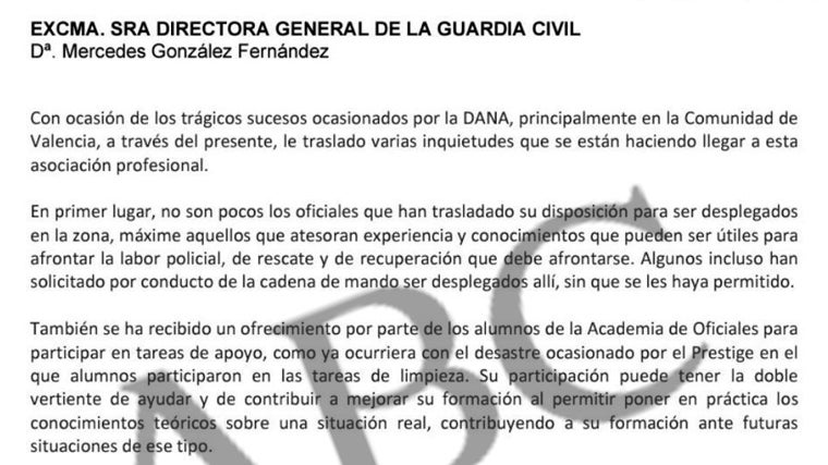 El presidente de la Unión de Oficiales envió esta carta a Mercedes González el 4 de noviembre quejándose de que no se les permitía ir a Valencia