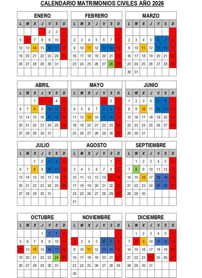 Calendario con las fechas de las bodas civiles en Córdoba en 2026