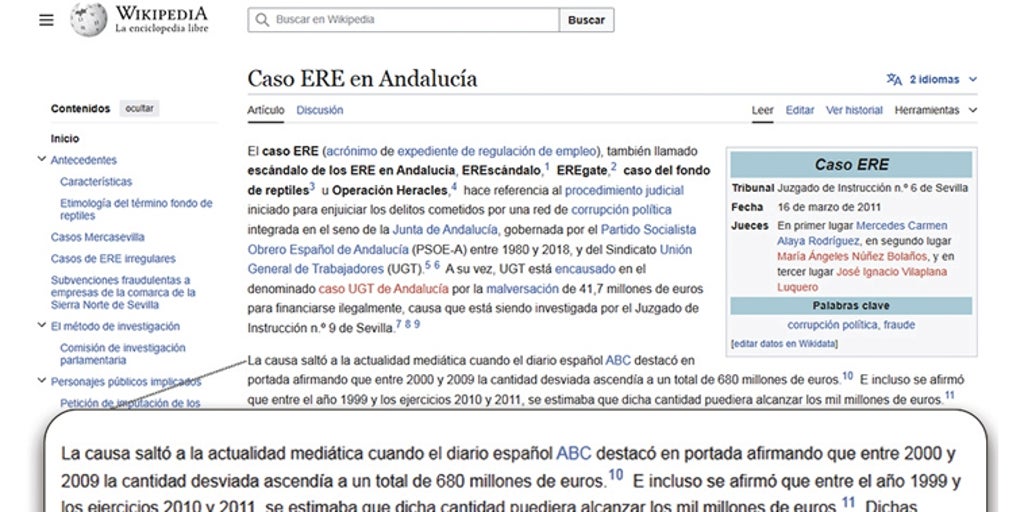 La Wikipedia compra el relato del PSOE de que el caso ERE de Andalucía fue un «invento»