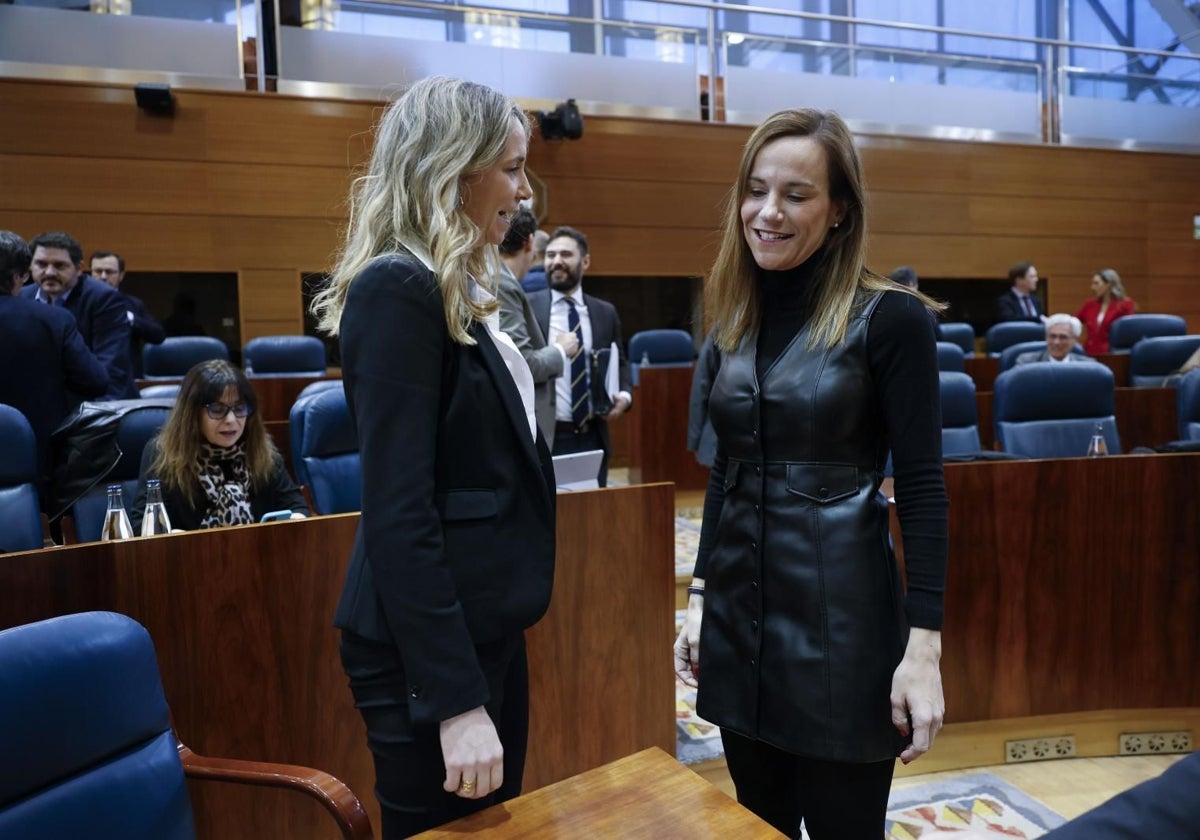 En vídeo: El consejo de Ayuso a Mar Espinar | Foto: La portavoz del PSOE en la Asamblea, Mar Espinar, junto a la portavoz de Vox, Isabel Pérez Moñino