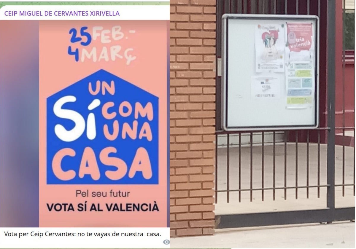 Carteles en los colegios CEIP Cervantes de Xirivella y un centro de Alaquàs pidiendo el voto por el valenciano como lengua de enseñanza