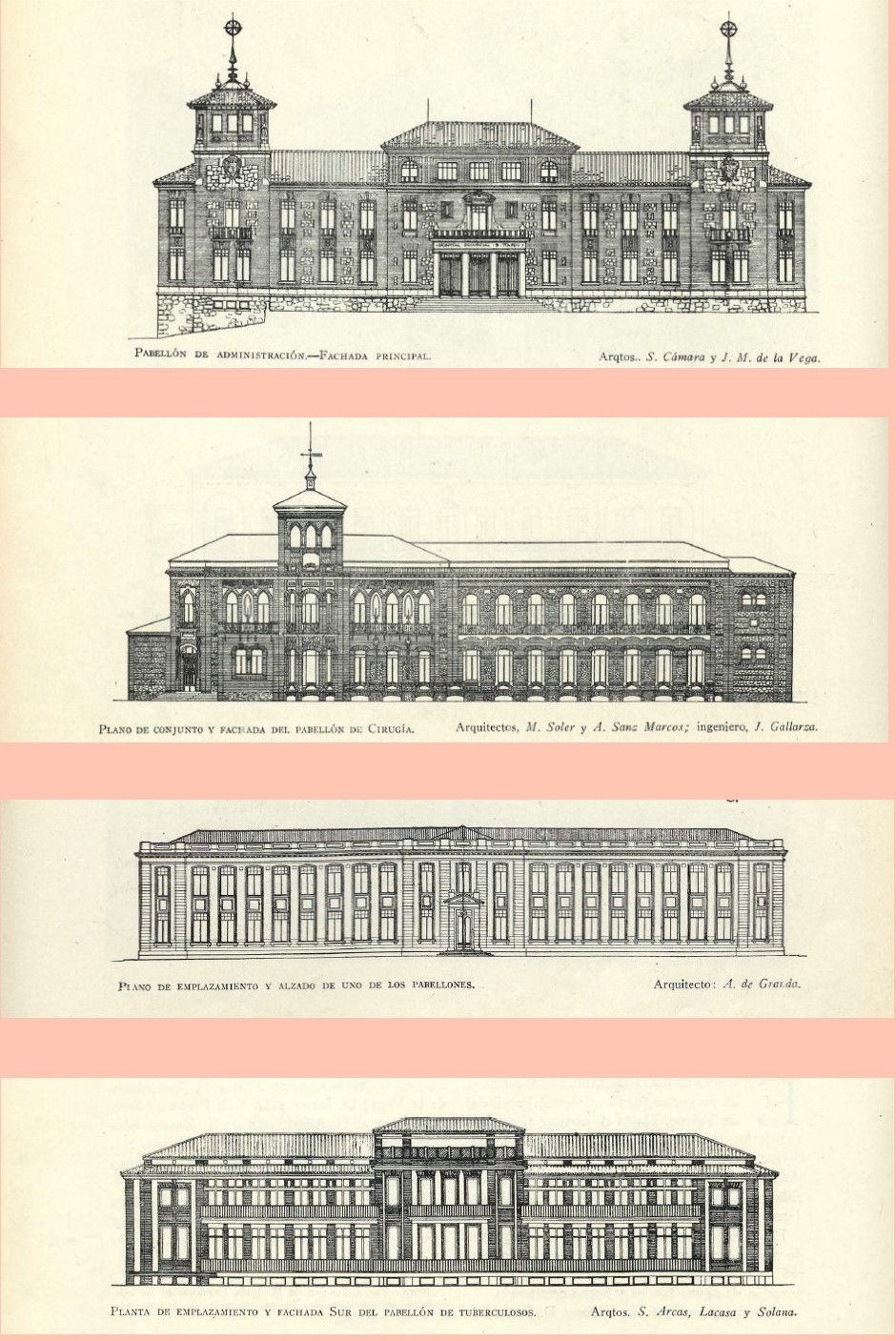 Alzados en cuatro de los proyectos presentados para el nuevo Hospital (1926). Los dos superiores mantienen perfiles adscritos a la tradicional «arquitectura nacional». Los dos inferiores muestran desornamentadas fachadas próximas ya al naciente racionalismo contemporáneo