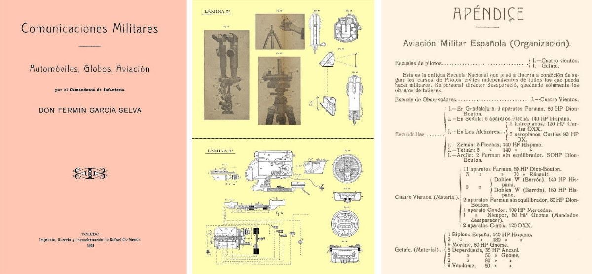 Páginas de las publicaciones que García Selva editó desde 1909, para los alumnos de la Academia de Infantería. En el centro se detallan las partes de los anteojos de tijera y el esquema de un teléfono de mochila para la Infantería, modelo 'Mix Genest'. A la derecha, la organización y recursos de la Aviación Militar Española en 1921
