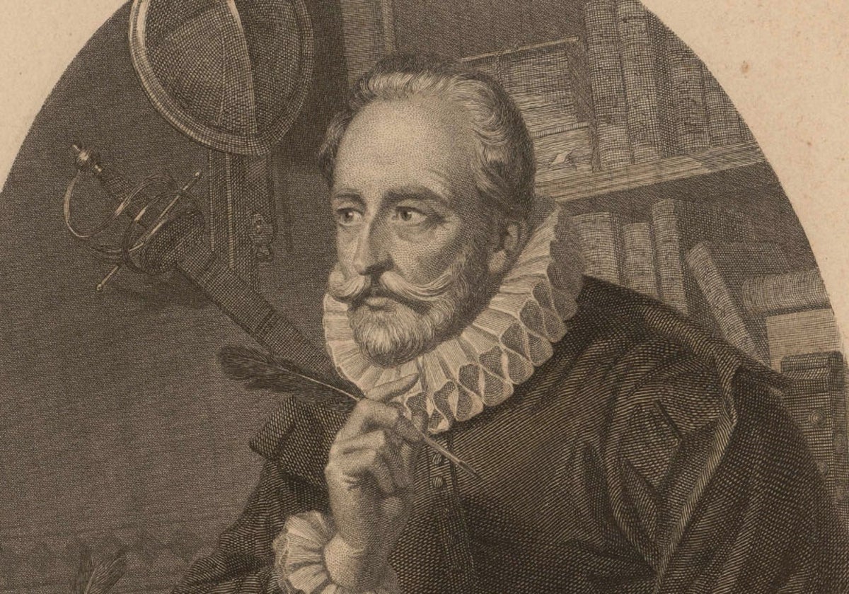 Detalle del retrato de Miguel de Cervantes Saavedra, por Pedro Hortigosa, 1879?