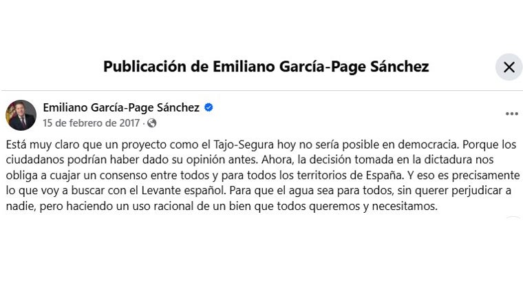 Post difundido por Page en sus redes sociales en 2017, en contra del trasvase por supuestamente aprobarse durante la dictadura