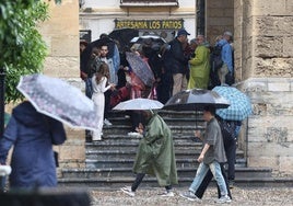 Turistas en la Mezquita de Córdoba bajo la lluvia