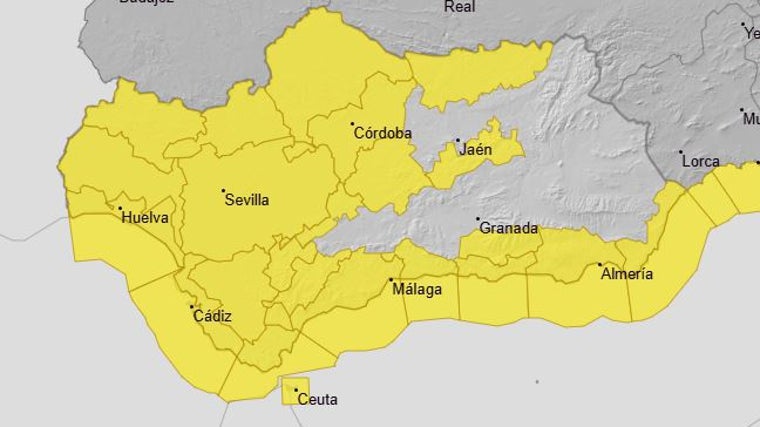 Mapa de avisos amarillos durante el mediodía de este jueves en Andalucía