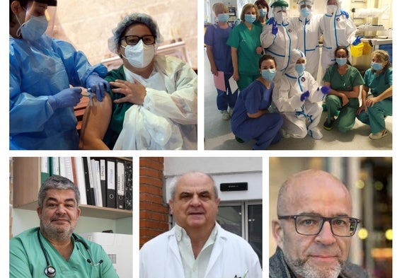Arriba, la gerente de la residencia de mayores de Cevico de la Torre (Palencia), Mari Bilbao, en el momento de recibir la vacuna y el equipo de enfermería de la UCI del Hospital de Burgos durante la pandemia. Abajo, quien fue coordinador regional de Covid, Carlos Dueñas; el jefe de Urgencias del Hospital de Palencia, Gonzalo Ibáñez, y el presidente del Colegio de Psicólogos de Castilla y León, David Cortejoso