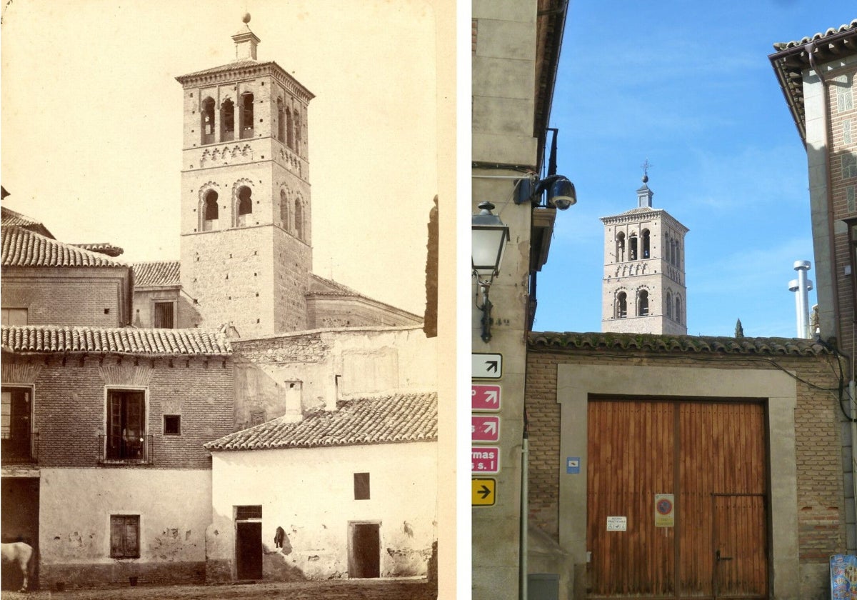 Interior del primer cuartel que tuvo la Guardia Civil en Toledo en 1845. Al fondo, la torre de San Román (Archivo Municipal de Toledo). La puerta del mismo patio hacia la plaza de las Tendillas en la actualidad (Rafael del Cerro)