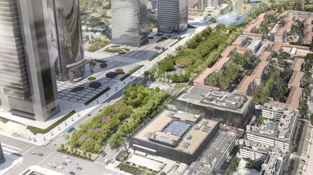 Imagen después - Arriba, la zona de las Cuatro Torres en la actualidad. Abajo, recreación del futuro Parque Castellana