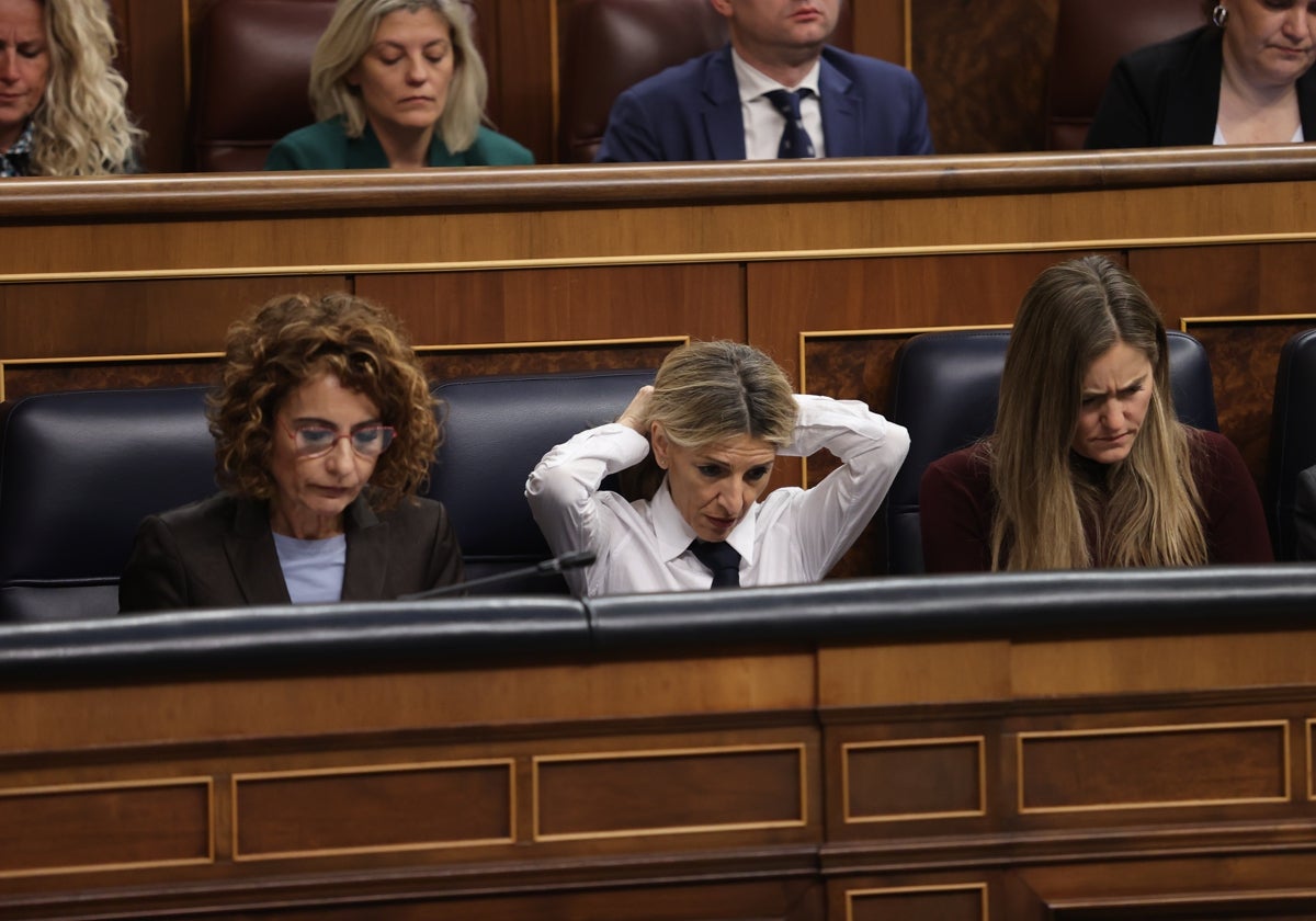 Las vicepresidentas Montero, Díaz y Aagesen, este miércoles en el pleno del Congreso