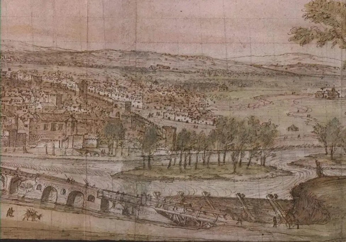 Perspectiva de Talavera con el Puente Viejo en primer plano, según un grabado de 1567