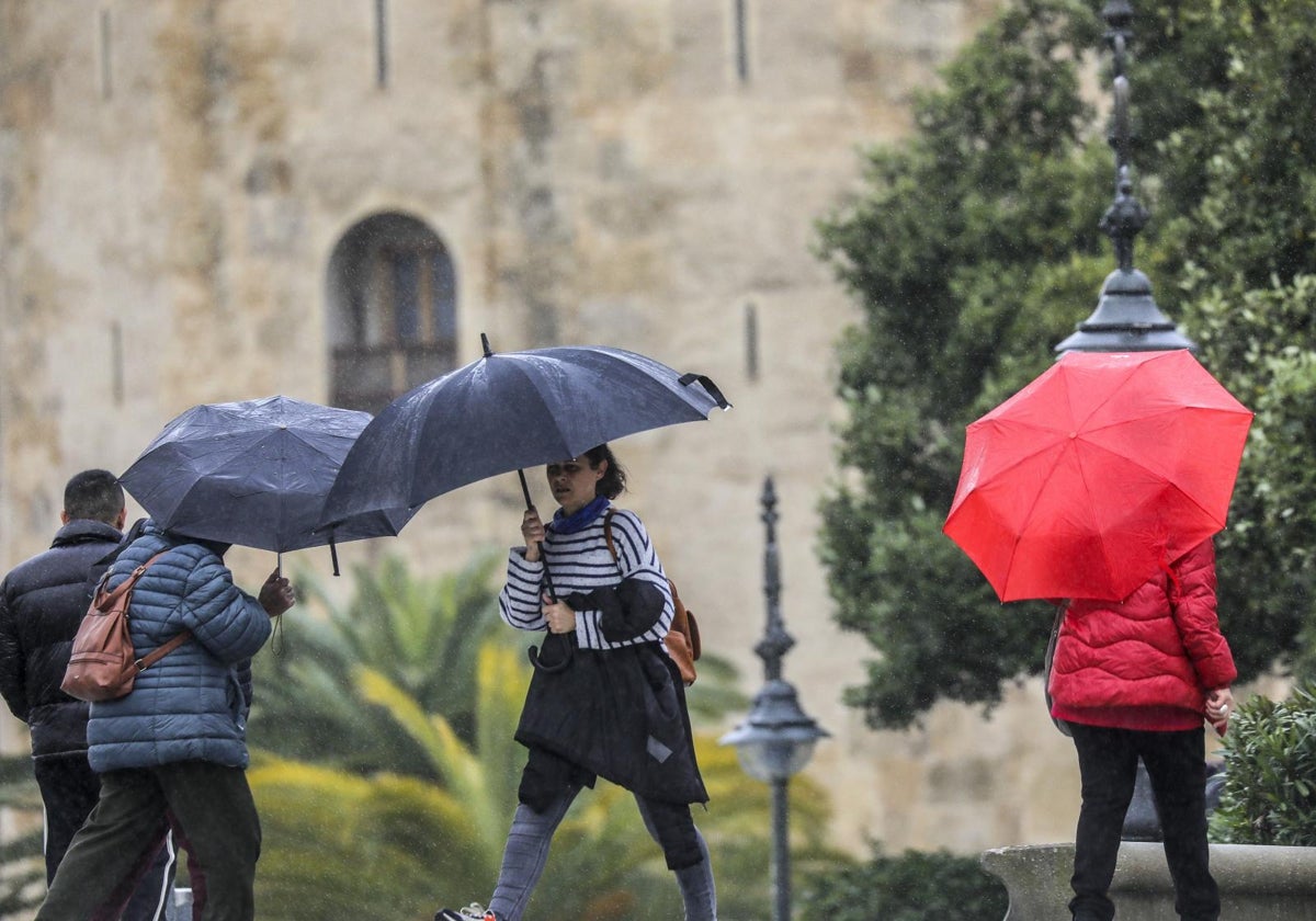 Personas con paraguas en la Torre del Oro
