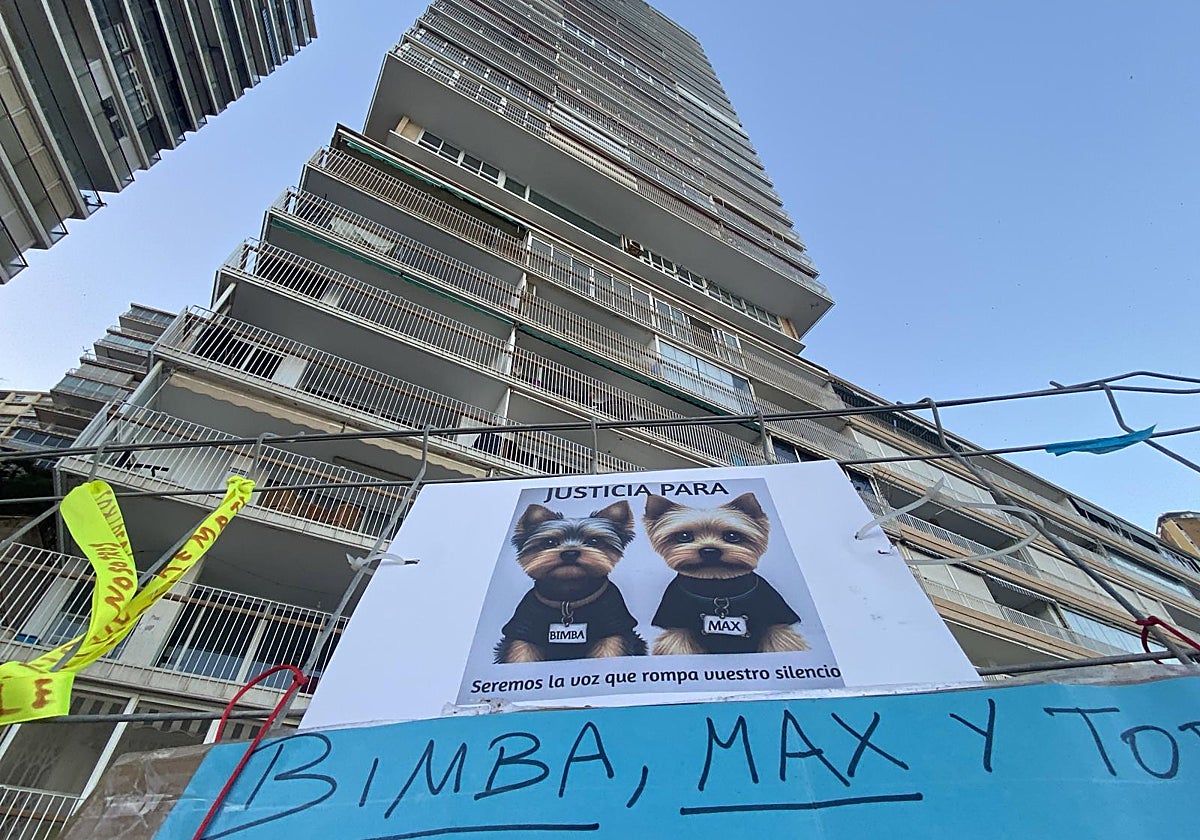 Cartel con un foto de los dos perros que murieron lanzados desde el octavo piso de este edificio en Alicante