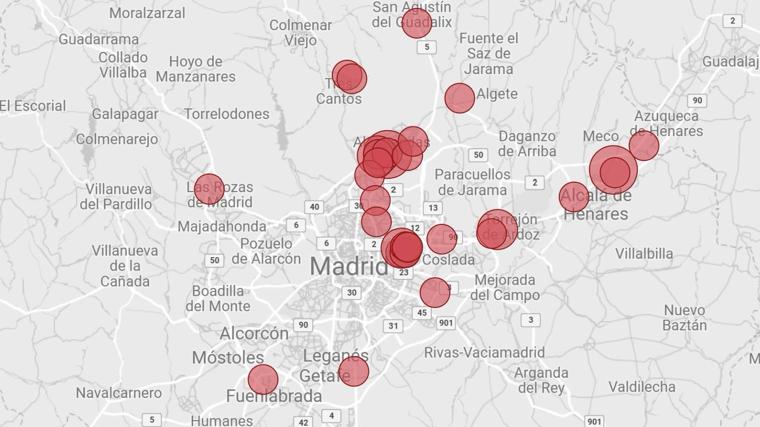 Mapa de los Centros de Procesamientos de Datos de la Comunidad de Madrid