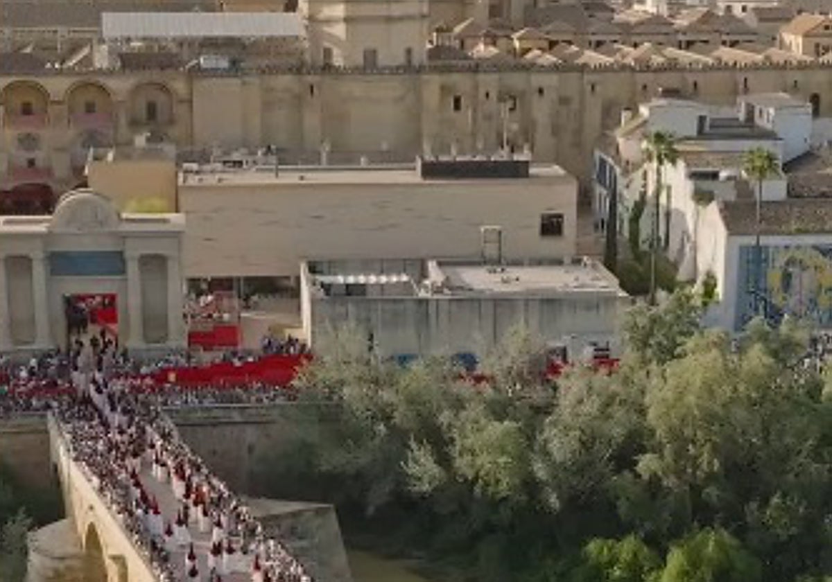 Vista aérea desde un dron del Domingo de Ramos a su paso por la Carrera Oficial