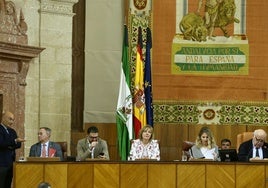 Las banderas con crespones negros en el Parlamento andaluz