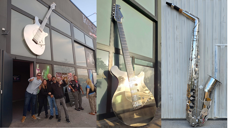 Una guitarra gigante de acero, rock y decibelios de Ford Mustang y Harley Davidson