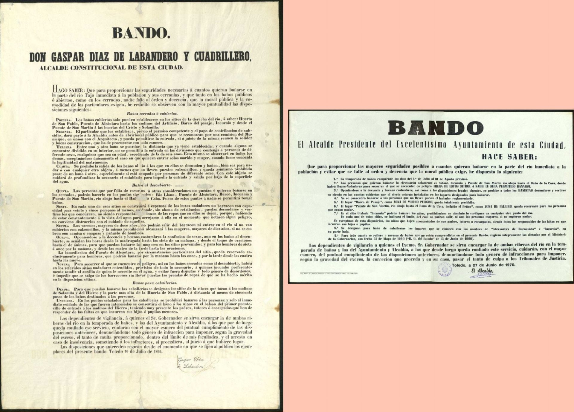 Bandos sobre baños publicados en 1866 y 1970 firmados, respectivamente, por los alcaldes Gaspar Díaz de Labandero y Ángel Vivar Gómez. Archivo Municipal de Toledo